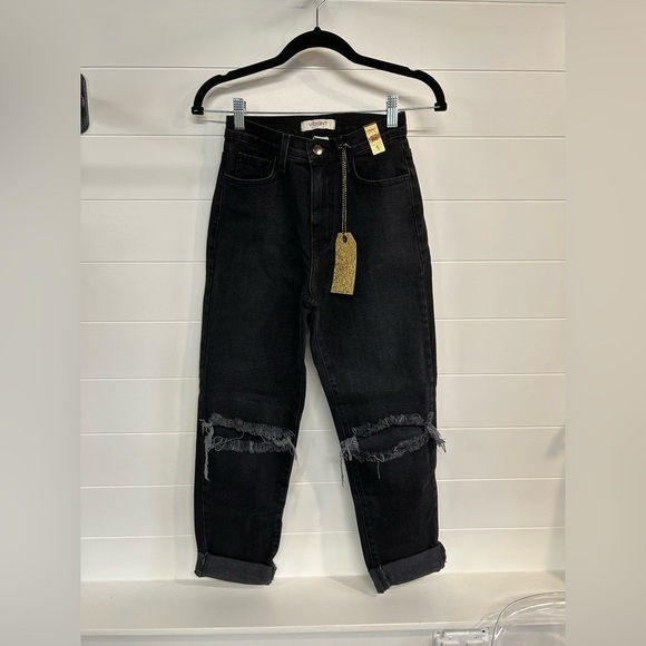 Vibrant Black Ankle Cropped Jeans with Distressed Knees - Picture 1 of 3